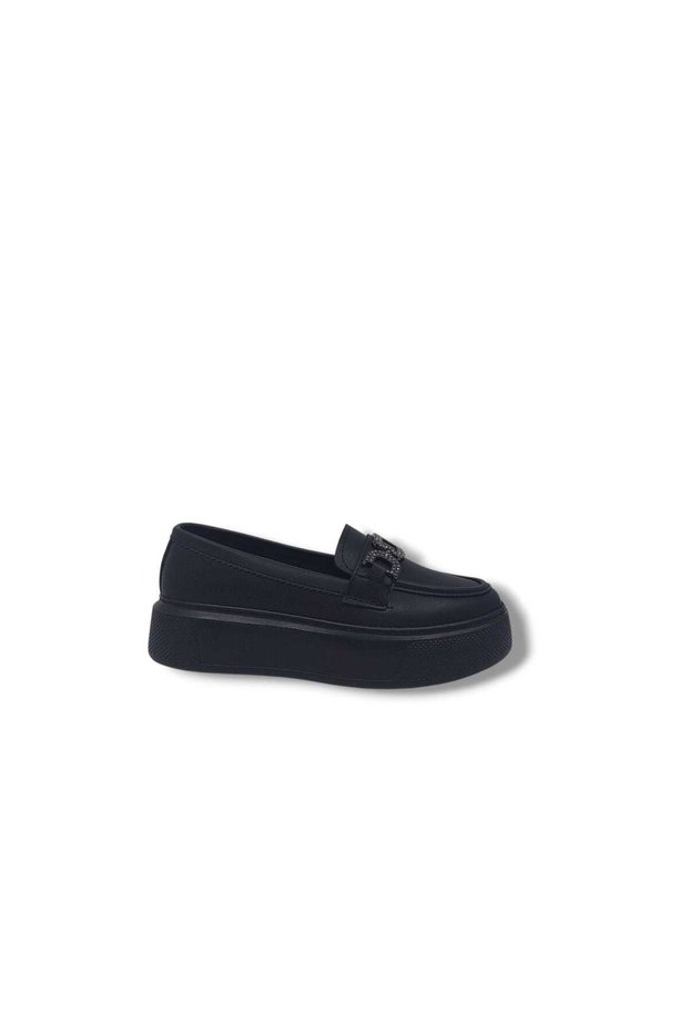 500 Women's Black Stone Buckled Wedge Sole Loafers Shoes