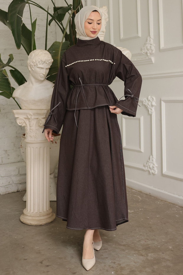Brown Denim Skirt Suit with Pearl Tie Detail on the Front