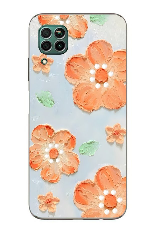 Huawei P40 Lite Compatible Orange Flower Oil Painting Patterned Transparent Phone Case