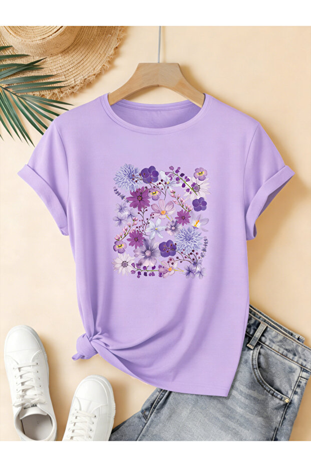 Women's Floral Printed Crew Neck Regular Fit Oversized T-Shirt