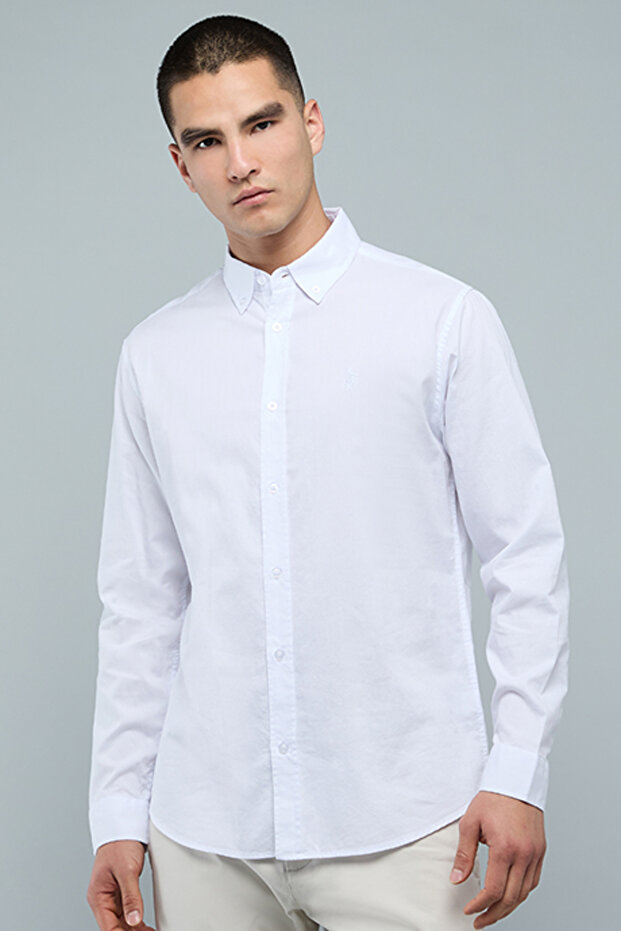 Solid Shirt with Button-Down Collar and Long Sleeves - 1