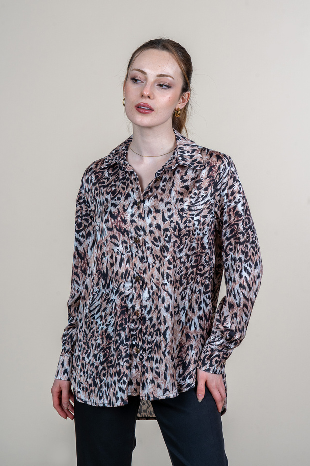 Women's Summer Coffee Blouse Oversize Pattern Long Sleeve Satin Shirt Daily Casual Stylish 70018