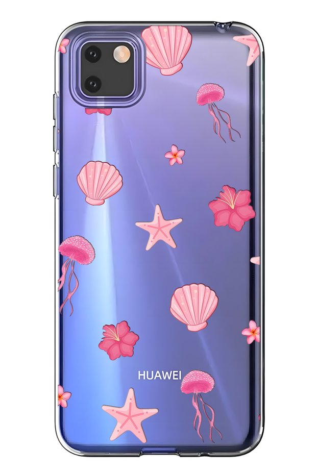 Huawei Y5P Compatible Pink Sea Theme Patterned Transparent Phone Case