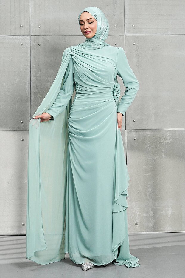 Mint Green Cape and Rose Detailed Chiffon Evening Dress