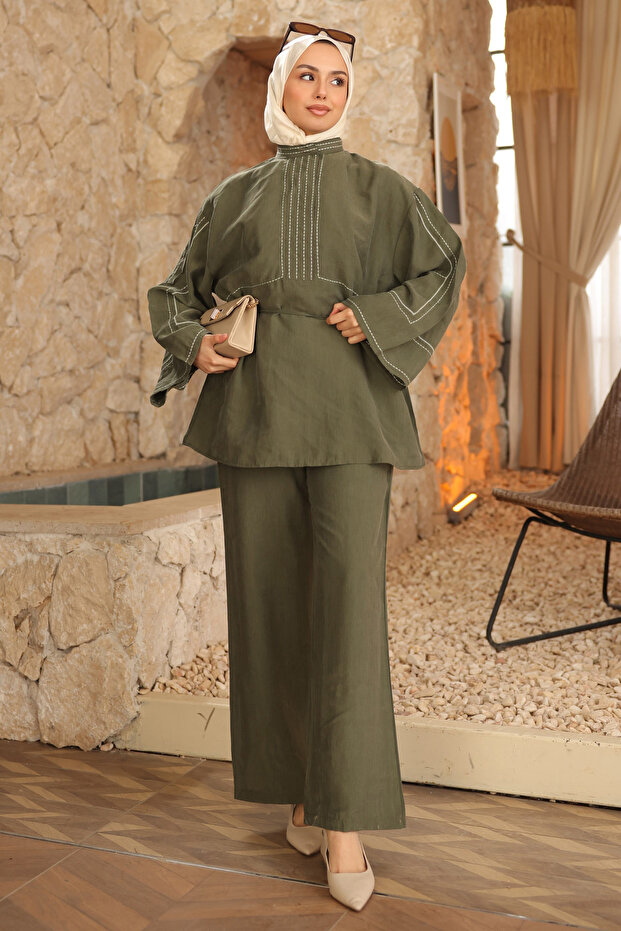 Khaki Embroidered Waist Drawstring Tunic and Trousers Set