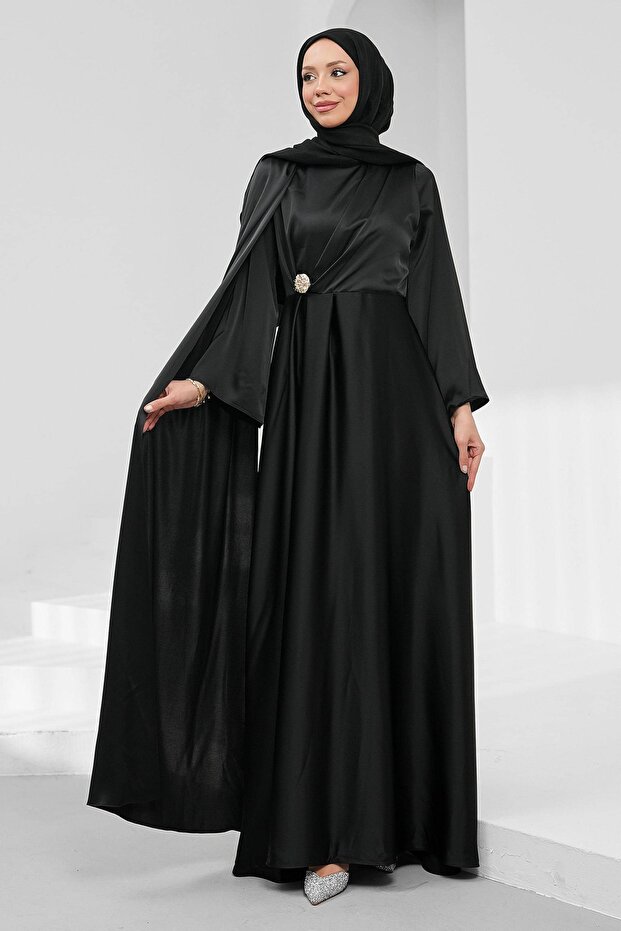 Black Shoulder Shawl Detailed Brooched Satin Evening Dress