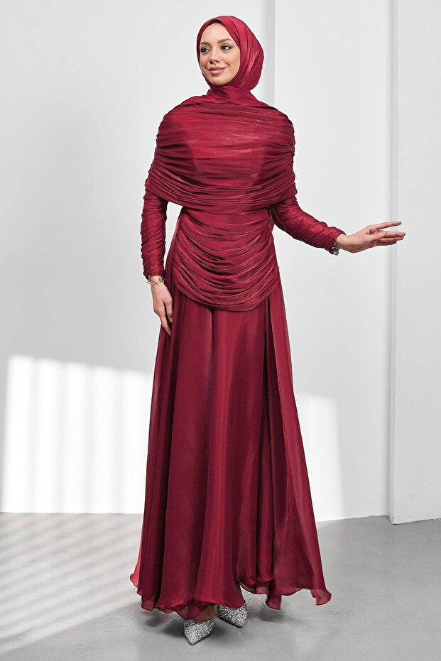 Burgundy Draped Evening Dress with Cape