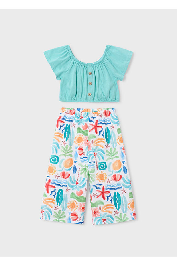 Girl Child Patterned Pants Short Sleeve Blouse Suit Turquoise 3597