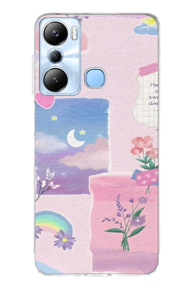 Infinix Hot 20I Compatible Pastel Floral Moon and Rainbow Patterned Transparent Phone Case