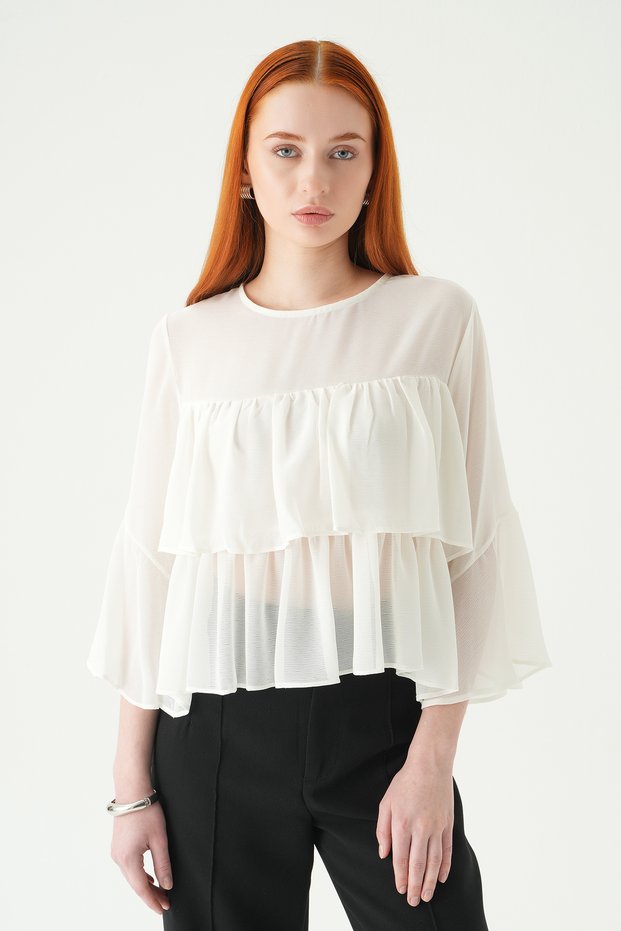 Ecru Crew Neck Layered Blouse 251181