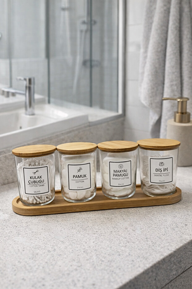 Marlin - Set of 4 Glass Bathroom Jars with Bamboo Lids and Stand, Decorative Bathroom Organizer 315 Cc