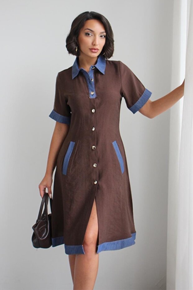 Women's Denim Detailed Buttoned and Collared Short Sleeve Pocketed Dress