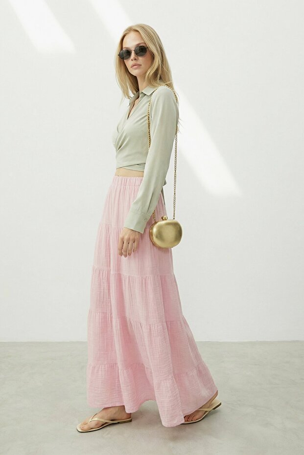 Beli Lastikli Katlı Midi Etek - 2