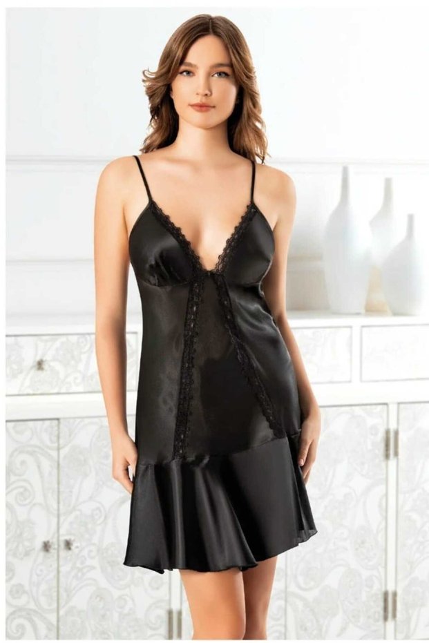 Women's Lace Detailed Satin Stylish Nightgown with Rope Straps