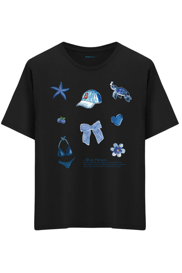 Blue Person Printed Crew Neck Oversized T-Shirt