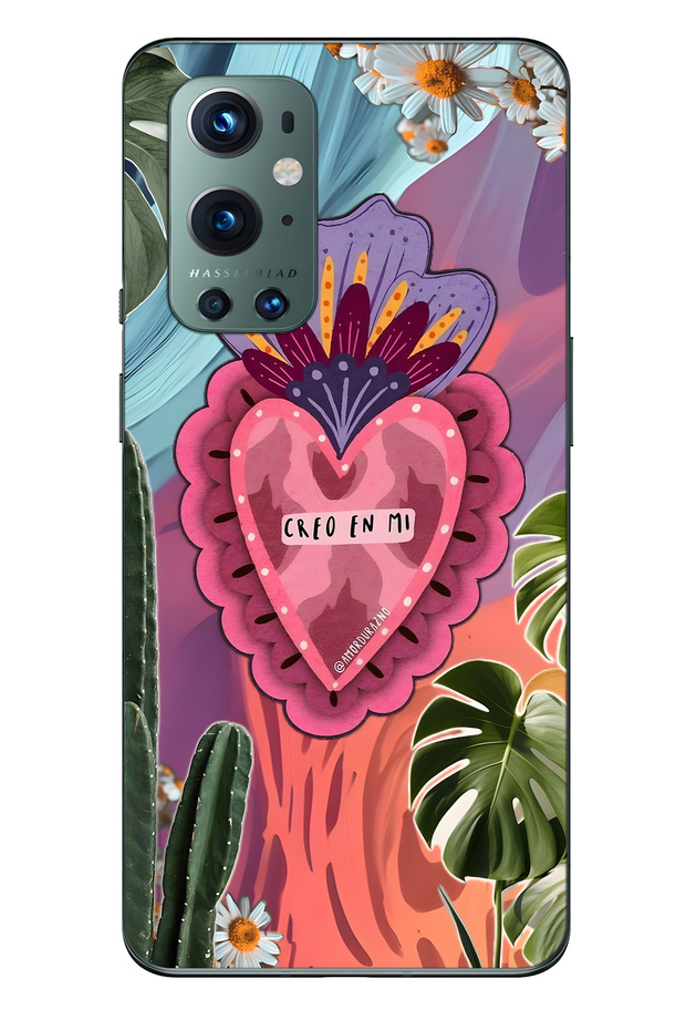 One Plus 9 Pro Compatible Colorful Heart and Floral Print Transparent Phone Case