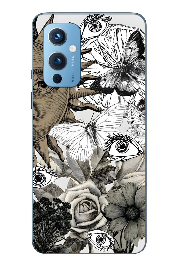 حافظة هاتف شفافة متوافقة مع One Plus 9 من Sun and Eye Collage منقوش