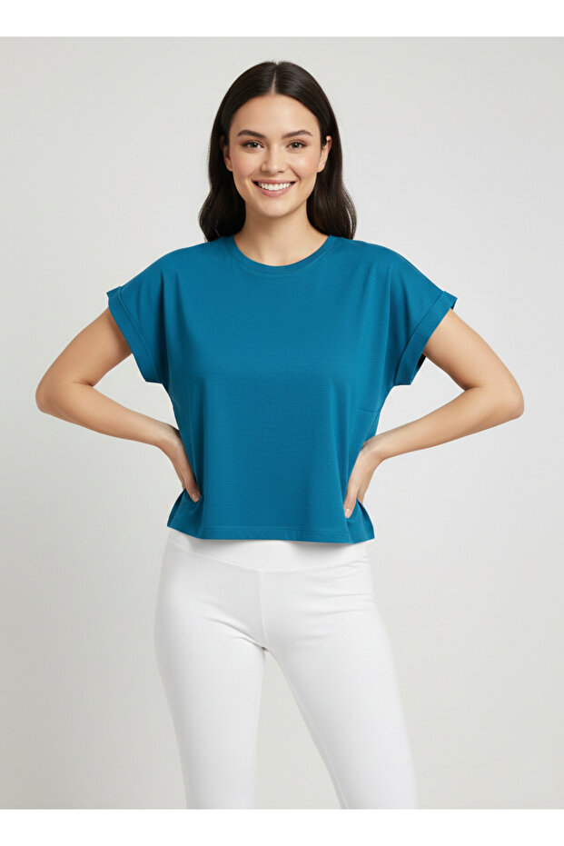 Women's Petrol Crew Neck Short Basic T-Shirt Nj112