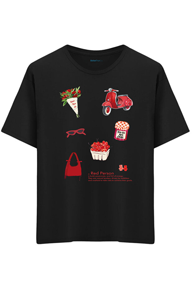 Red Person Printed Crew Neck Oversized T-Shirt