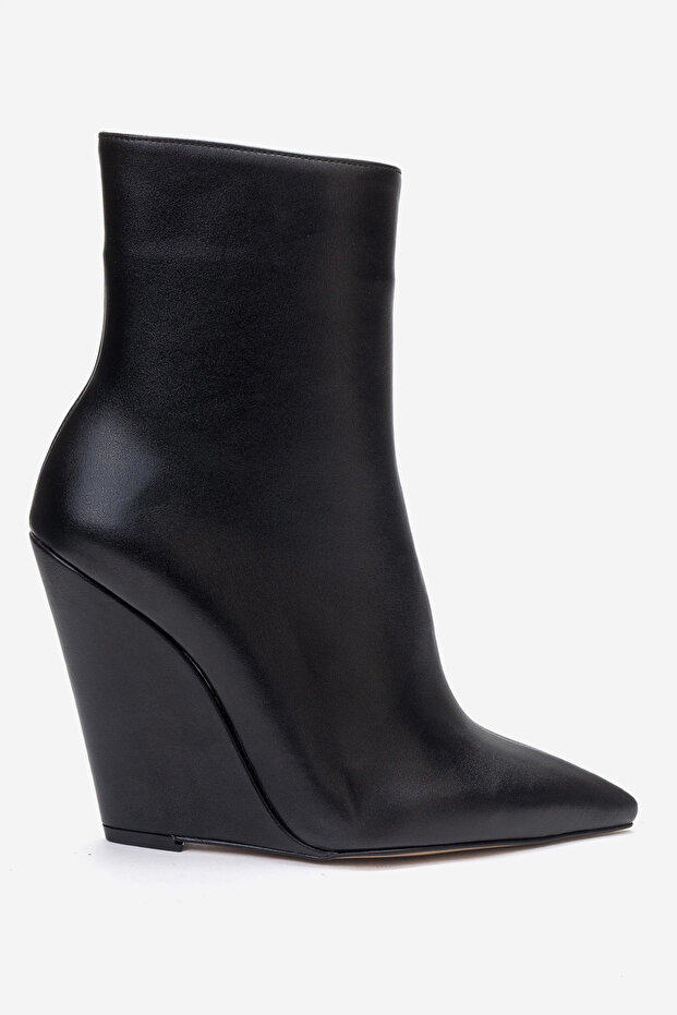 Black Leather Pointed Toe Wedge Heeled Women's Boots Polly