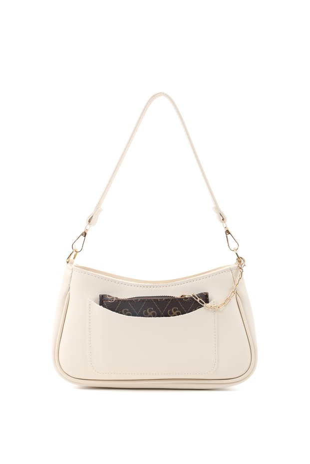 Cream Shk307 Faux Leather , 2 Compartments, Pocket and Card Holder Details, Hand and Shoulder Bag Details