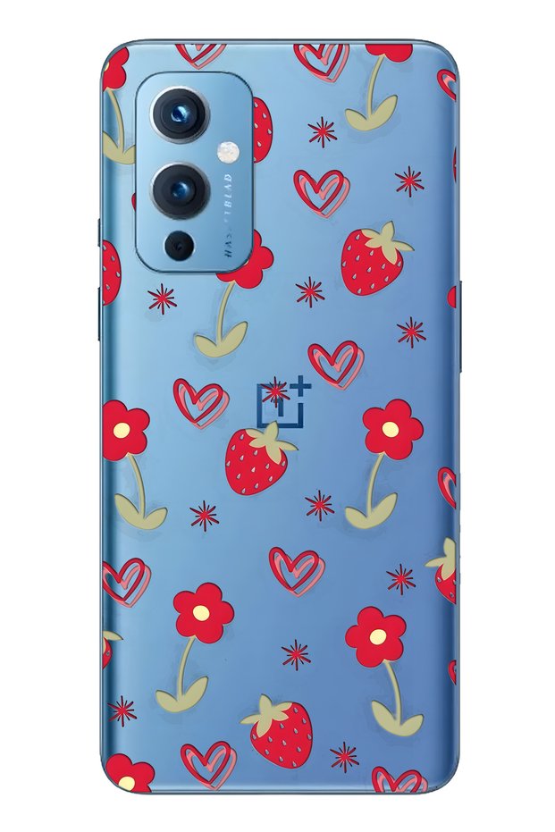 حافظة هاتف شفافة متوافقة مع One Plus 9 من نوع Strawberry and Heart منقوش