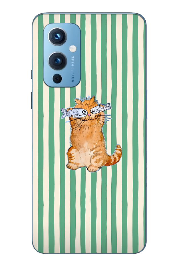 One Plus 9 Compatible Fish-Eyed Cat Patterned Transparent Phone Case
