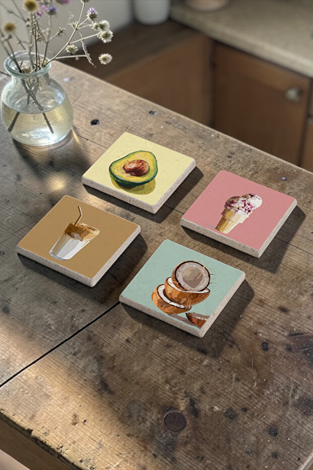 Colorful Coconut and Avocado Themed Natural Stone Travertine Coasters Set of 4