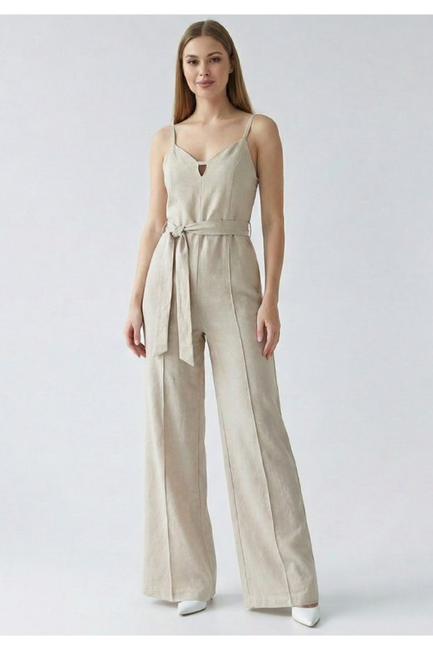 Women's Spaghetti Strap V-Neck Belted Wide Leg Jumpsuit with Chest Decolletage Detail