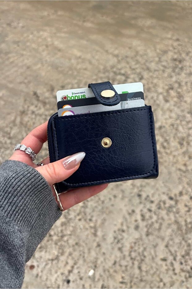 Horizontal Mechanism Navy Blue Faux Leather Card Holder Wallet