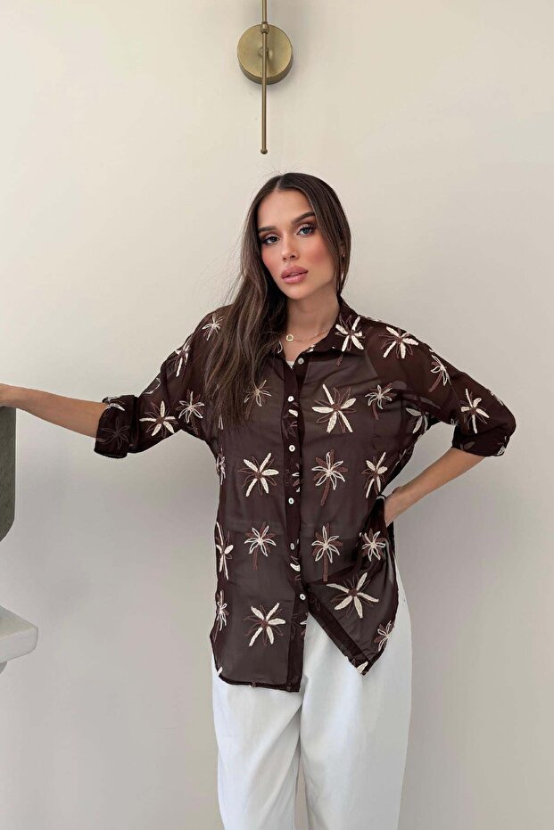 Brown Floral Embroidered Chiffon Shirt