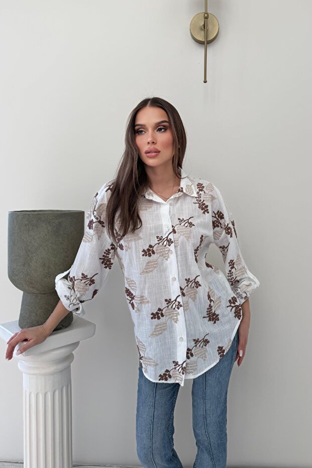Brown Floral Embroidered K Linen Shirt