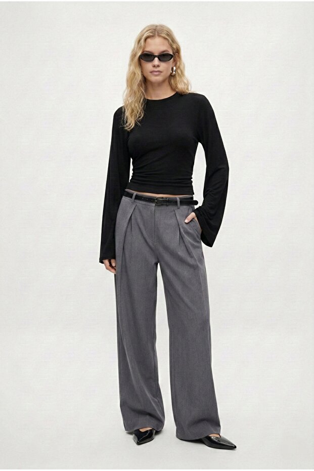 Kadın Hazel Bisiklet Yaka Uzun Kollu Basic Siyah Örme Bluz - 2