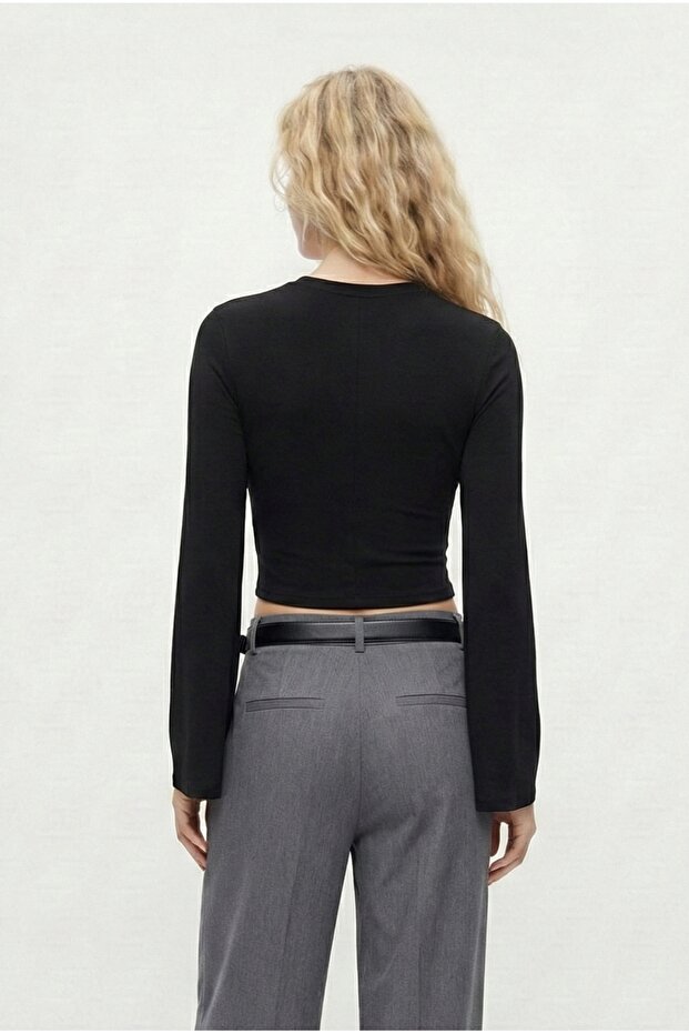 Kadın Hazel Bisiklet Yaka Uzun Kollu Basic Siyah Örme Bluz - 6