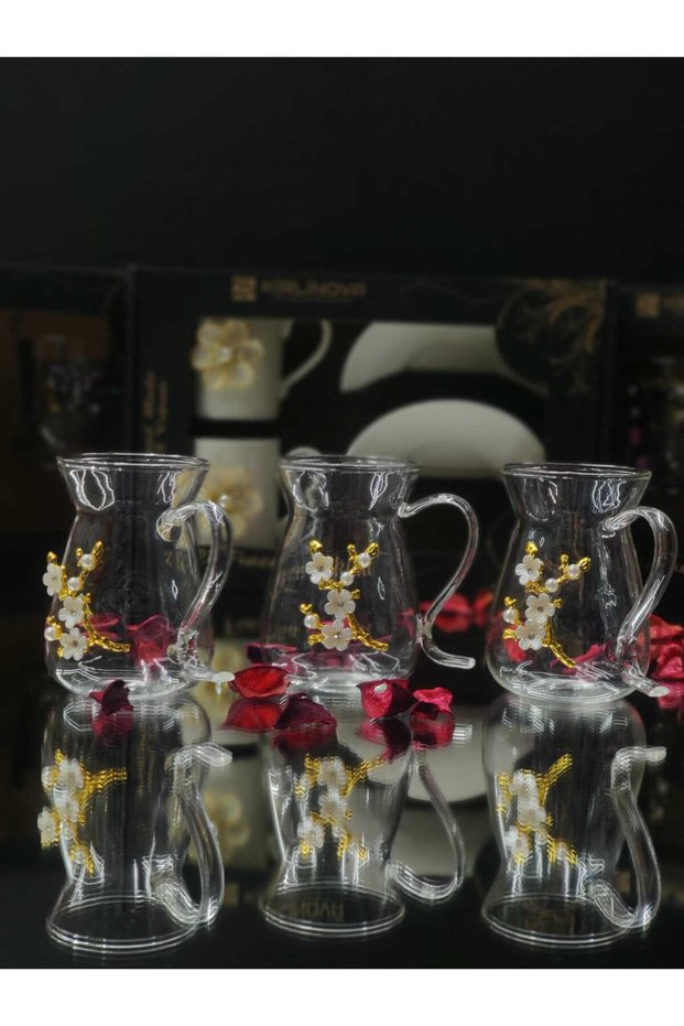 Branch Flower Borosilicate Tea Cup Set of 3 Glass Handmade