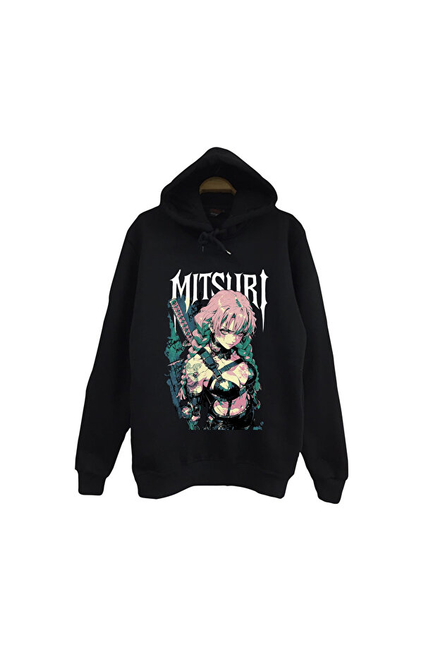 Demon Slayer - Mitsuri Kanroji - Anime Printed Unisex %100 Cotton Black Hooded Sweatshirt