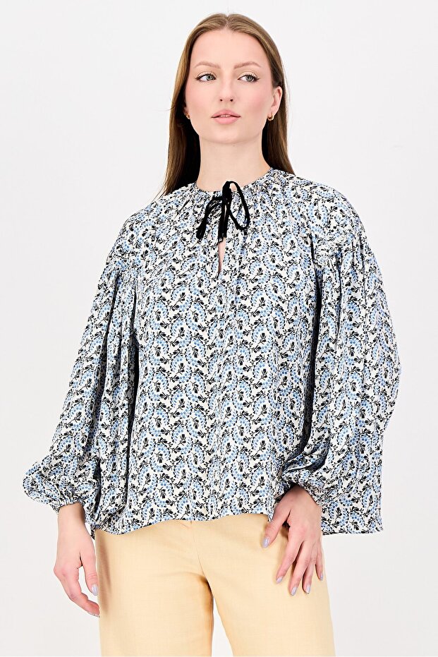 Women Tie Neck Long Sleeve Floral Pattern Blouse, Multicolor
