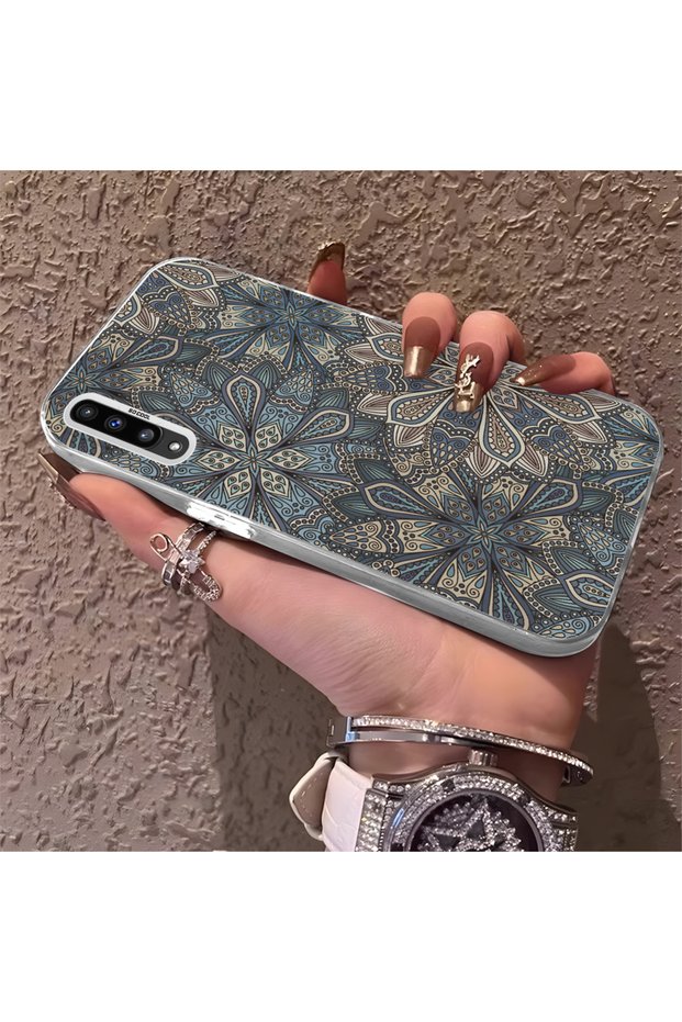 Silicone Edge Hard Back Phone Case Compatible with Samsung Galaxy A50 Retro Patterned