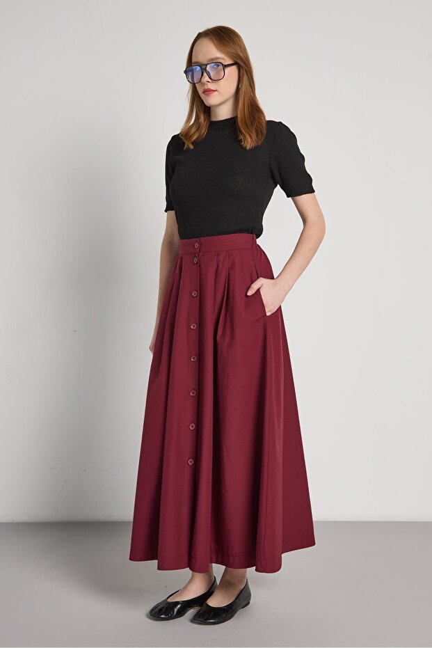 Women's Burgundy Buttoned High Waist Long Skirt 31033