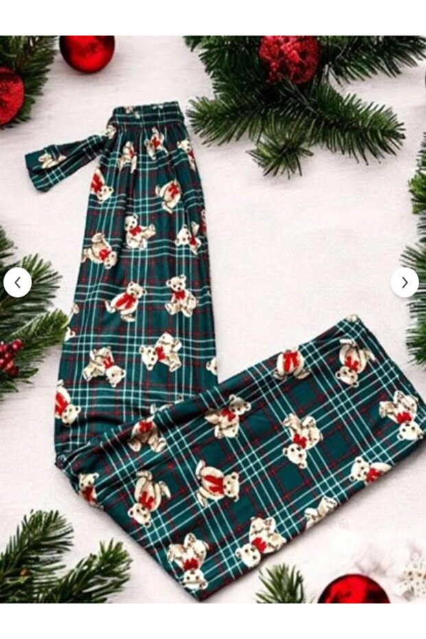 Single Jersey Bowknot Teddy Bear Pattern Plaid Women's Pajama Bottoms