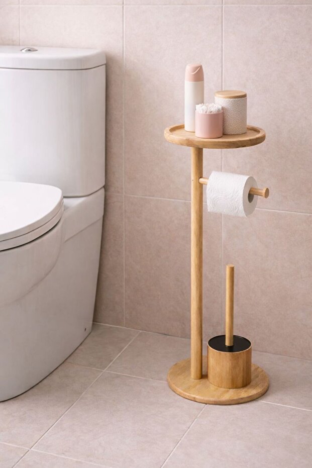 Bamboo Toilet Paper Stand & Wc Brush Holder – Multi-Purpose Bathroom Organizer with Shelf