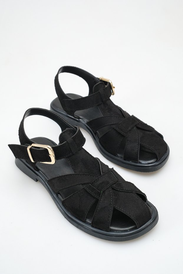 Women's Black Suede Buckle Detail Flat Sole Sandals