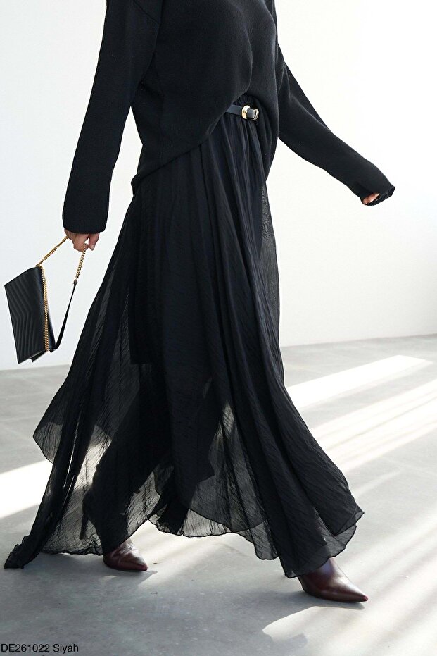 New Season Women's Clothing Asymmetrical Cut Black Skirt - Long - Crepe Fabric