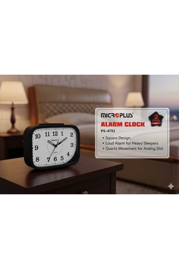 ساعة منبه مكتبية من Microplus، تصميم مربع مع حركة كوارتز دقيقة ومنبه عالٍ.