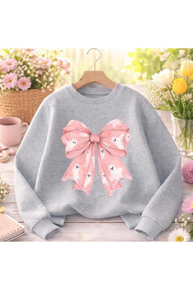 Ghost Themed Bow Printed Crew Neck Women's Plain Sweatshirt