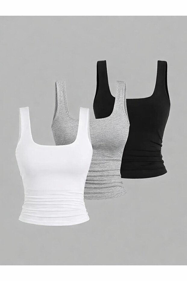 Kadın 3'lü Likralı Basic Bluz - 1