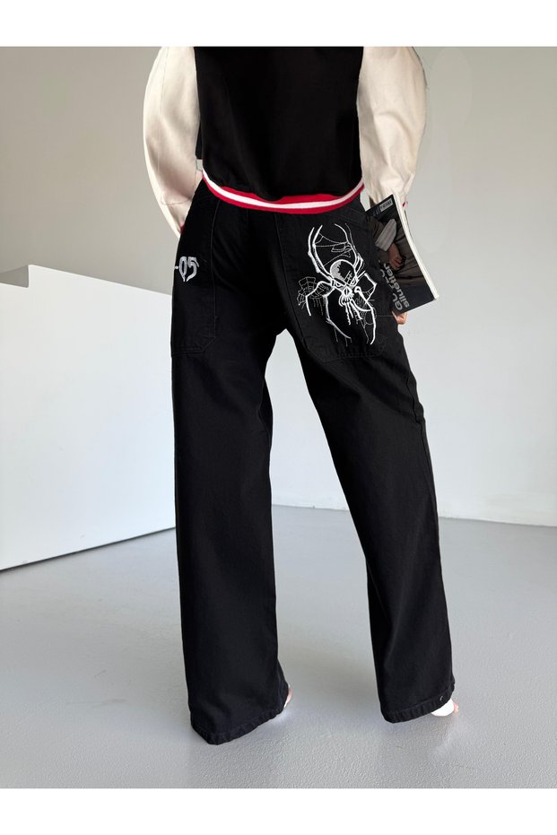 Unisex Blaka-05 Black Spider Embroidery Detailed Wide-Leg Jeans