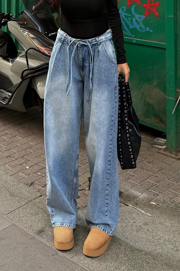 Unisex Pleated Waist Adjustable Waist Lace-Up Baggy Jean