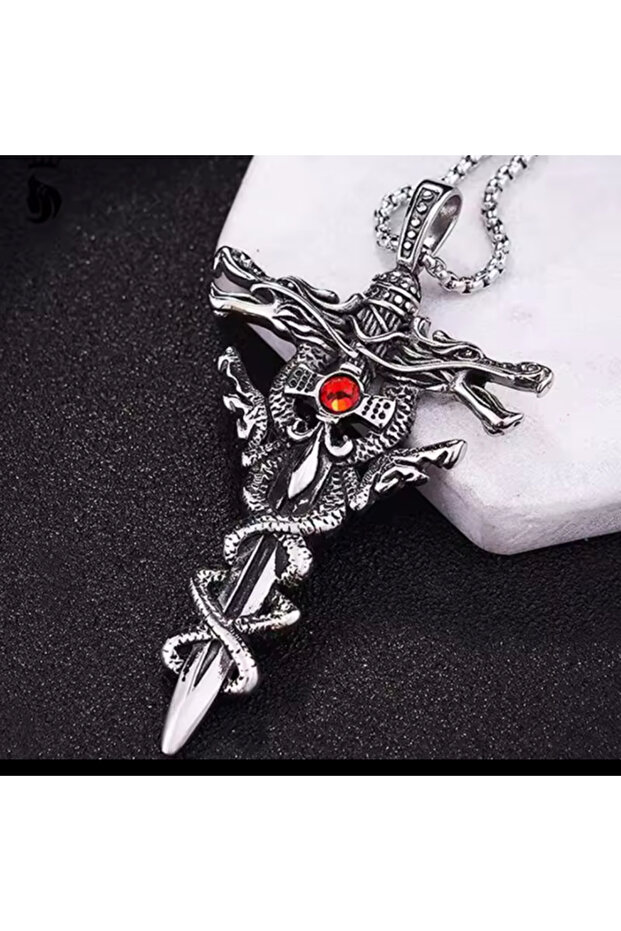 Silver Red Crystal Dragon Wrapped Sword Pendant