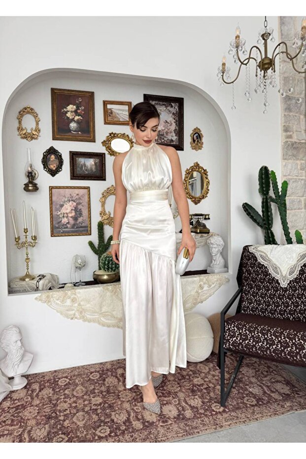 Drapeli Halter Yaka Uzun Elbise - 1